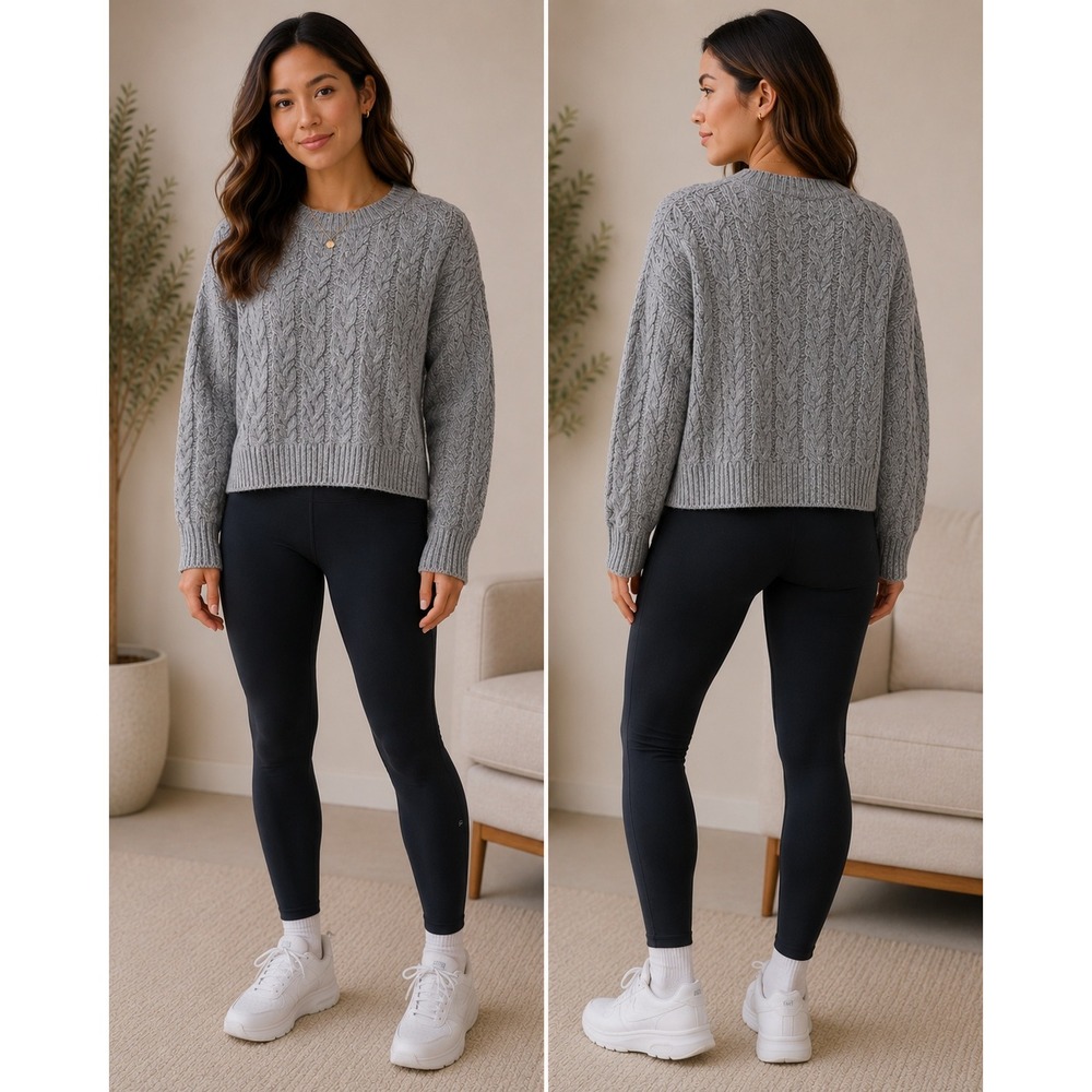 Abercrombie & Fitch Womens Medium Gray Cable Knit Crewneck Sweater Relaxed Fit